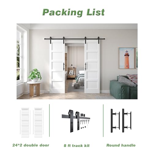 Double 21x84in White Barn Door with 7FT Sliding Hardware Kit, MDF, PVC Surface, DIY Assembly R60322
