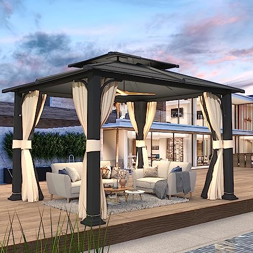 12x20 ft Hardtop Gazebo Double Roof Galvanized Steel Canopy Outdoor Aluminum Frame with Netting and Curtains X191579
