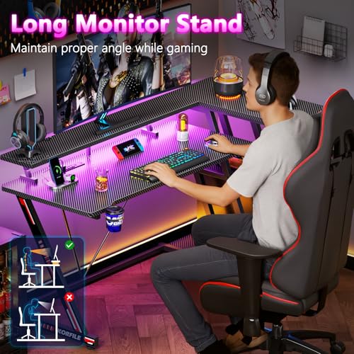 L Shaped Gaming Desk with Power Outlet and LED Lights Y52619