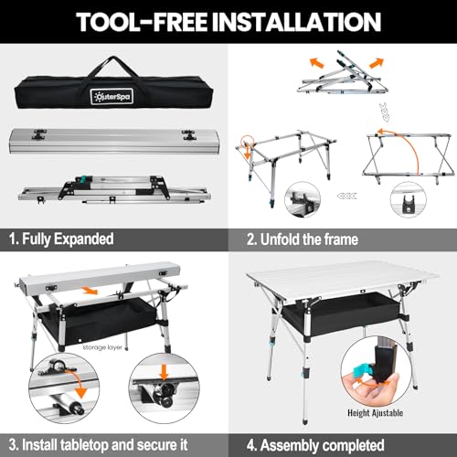 Portable Camping Table with Adjustable Legs, Lightweight Aluminum Folding Table K4689