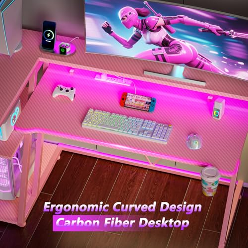 L Shaped Gaming Desk with Power Outlet and LED Lights Y52619