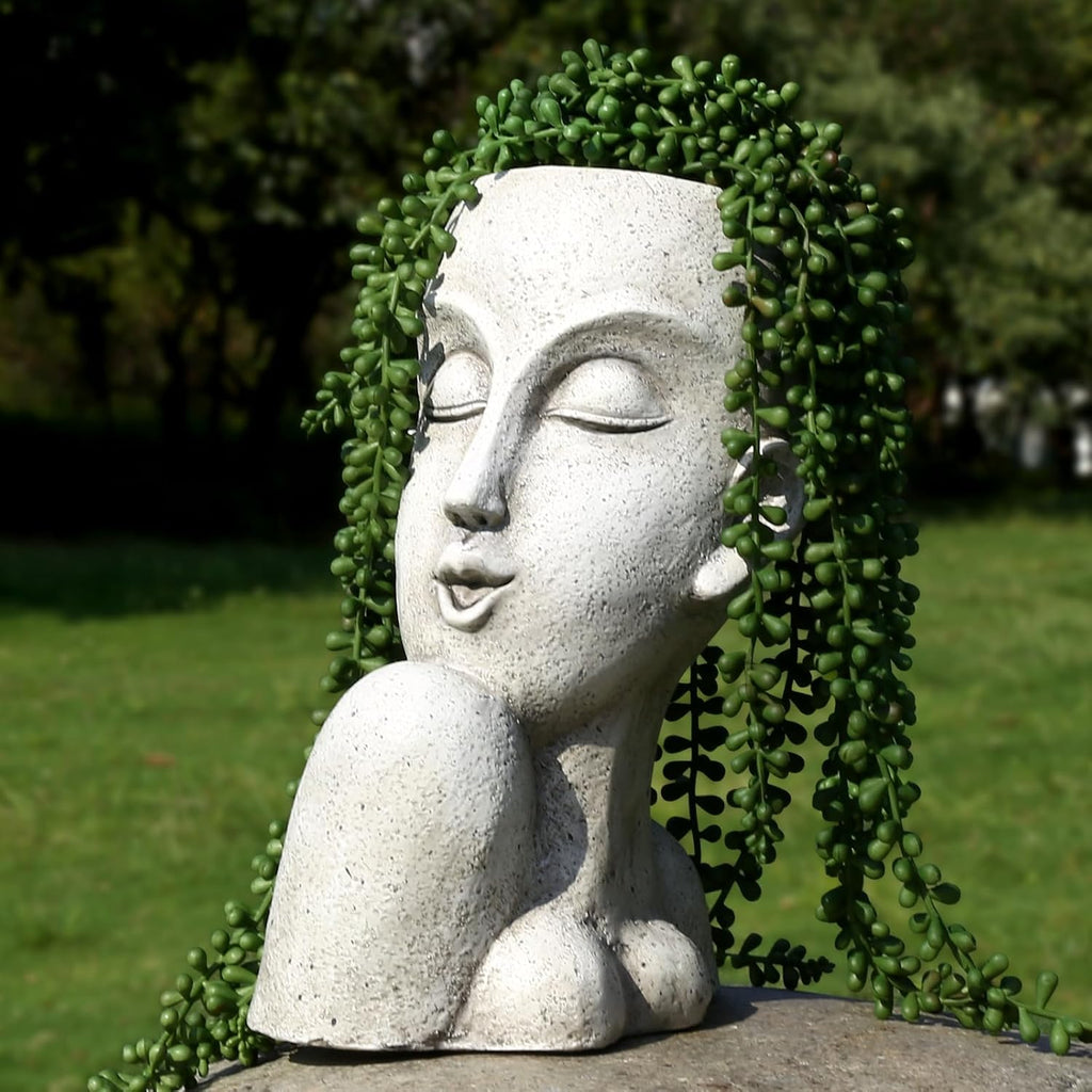 Face Head Planter Pots for Indoor Outdoor Plants Large Flower Pots Unique Succulent Planter with Drainage Hole Creative Lady Pot Resin Women Statue Vase Garden Decor- 11.4 x 8.7 x 5.5 Inch