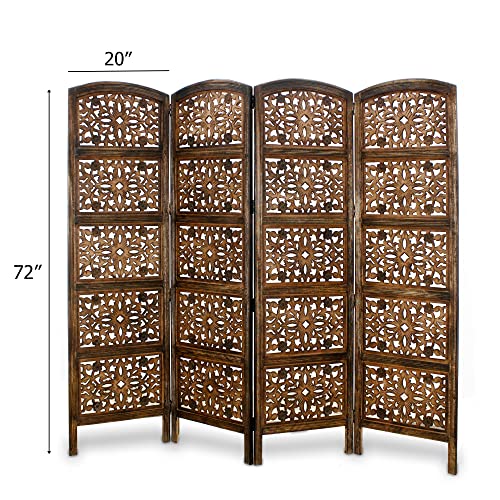4 Panel Folding Wood Room Divider, Antique Brown, 72 x 80 P209