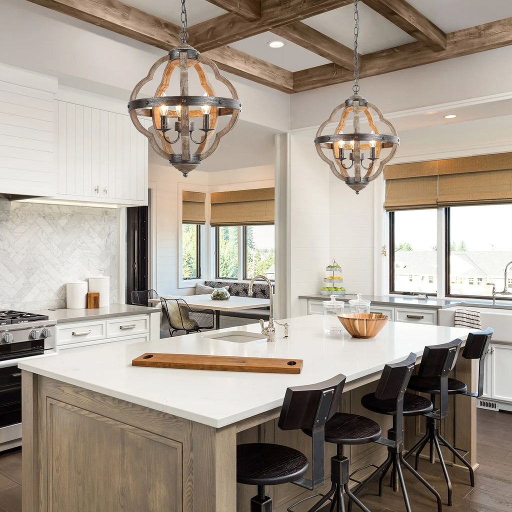 Farmhouse 3-Light Wood Lantern Chandelier for Kitchen Island N4832