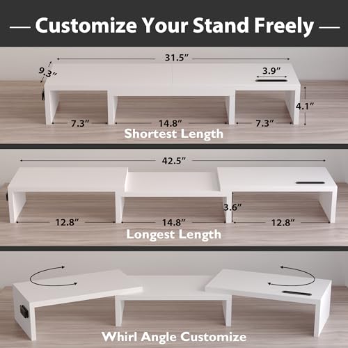 Dual Monitor Stand Riser with Smartphone Holder, Adjustable Wooden Desk Organizer B984