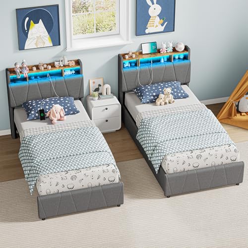 Twin Bed Frame with 2 Storage Drawers, Charging Station and LED Lights, Upholstered Platform Bed with Storage Headboard, No Box Spring Needed M8748