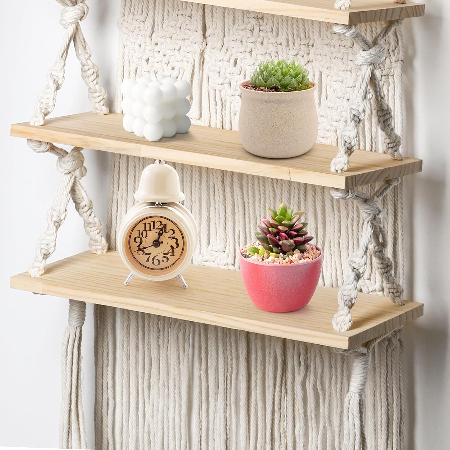 Macrame Wall Hanging Shelf with Wood Plant Rope Storage Q293499