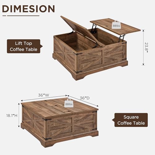 Farmhouse Lift Top Coffee Table with Storage, 36" Wood Square Center Table, Light Brown V399