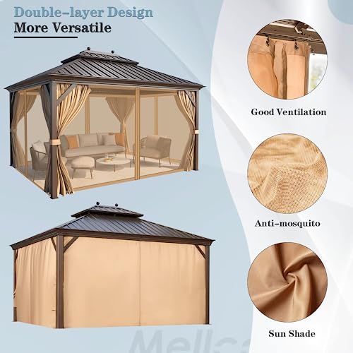 12x16 ft Hardtop Gazebo with Double Roof, Curtains and Netting T94173