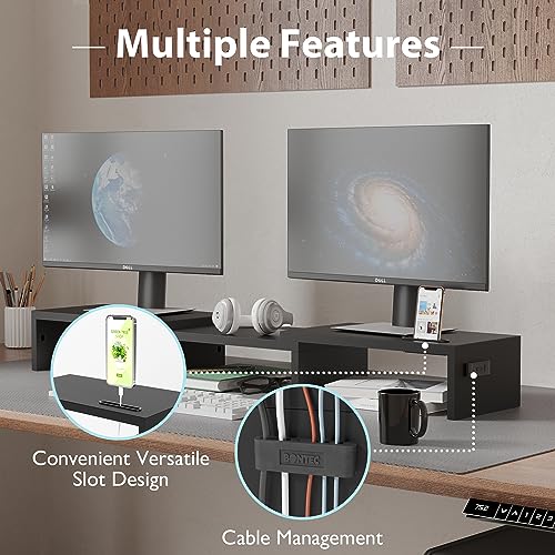 Dual Monitor Stand Riser with Smartphone Holder, Adjustable Wooden Desk Organizer B984