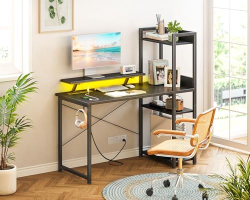 Reversible Gaming Desk with USB Charging Port and LED Lights, 40 Inch Computer Desk with Storage Shelves M571