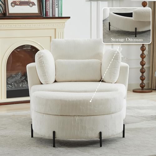 Oversized Swivel Barrel Chair with Ottoman, Chenille, Beige M813