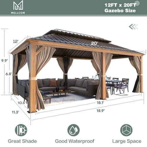 12x16 ft Hardtop Gazebo with Double Roof, Curtains and Netting T94173