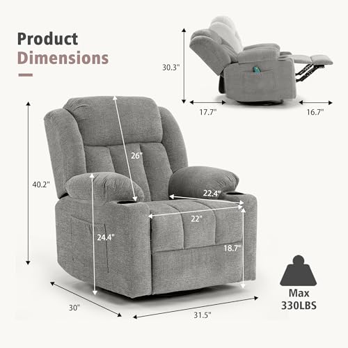 Swivel Recliner Chair with Massage and Heat, Fabric Upholstery, Lime Gray Y550941