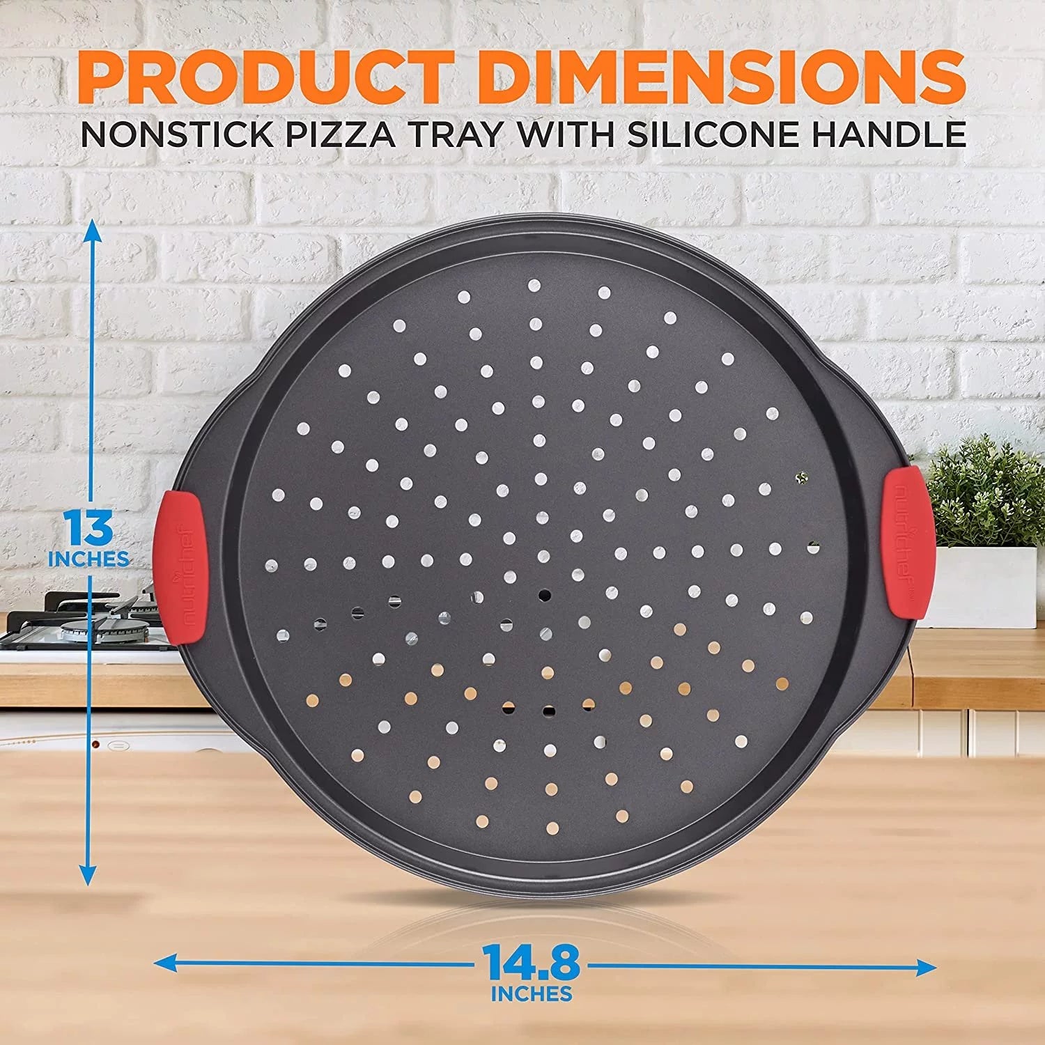 Non-Stick Pizza Tray with Silicone Handle, Round Steel Pan with Perforated Holes W84840