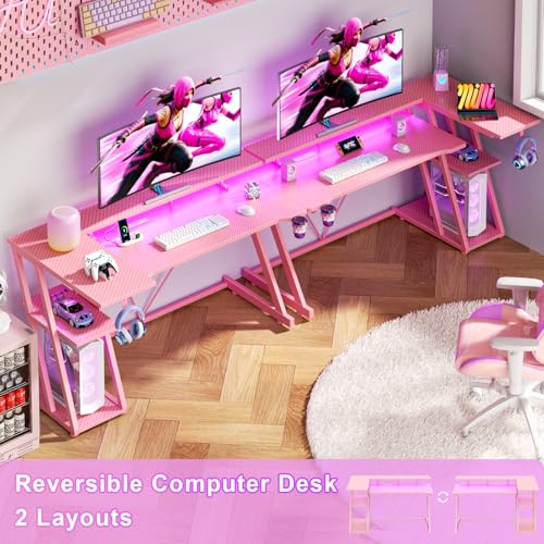 L Shaped Gaming Desk with Power Outlet and LED Lights Y52619