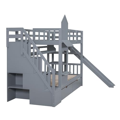 Twin Over Twin Bunk Bed with Stairs and Slide, Solid Wood Frame with Storage B8483