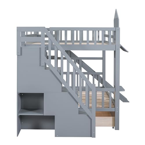Twin Over Twin Bunk Bed with Stairs and Slide, Solid Wood Frame with Storage B8483