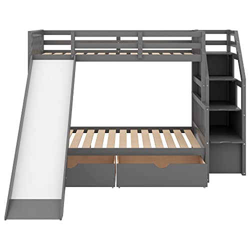 Twin Over Full Bunk Bed with Slide and Stairs for Kids I642