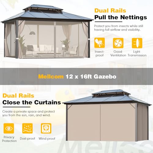 10x13 Hardtop Gazebo with Polycarbonate Double Roof, Aluminum Frame, Curtains and Netting S2701