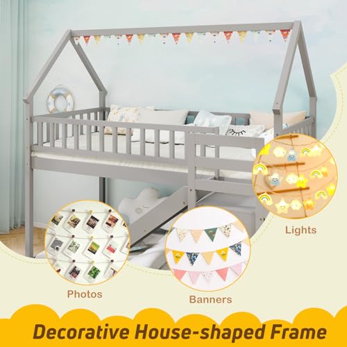 Twin Over Twin Bunk Bed with Slide & Stairs, Wood, White M692