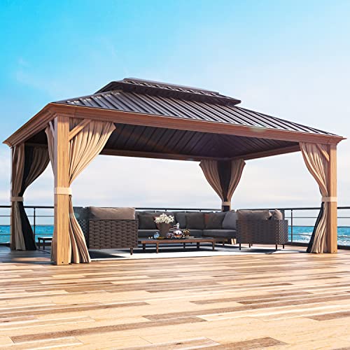 12x16 ft Hardtop Gazebo with Double Roof, Curtains and Netting T94173
