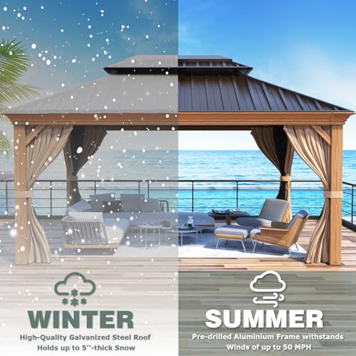12x16 ft Hardtop Gazebo with Double Roof, Curtains and Netting T94173