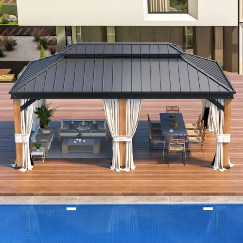 12x20 ft Hardtop Gazebo Double Roof Galvanized Steel Canopy Outdoor Aluminum Frame with Netting and Curtains X191579