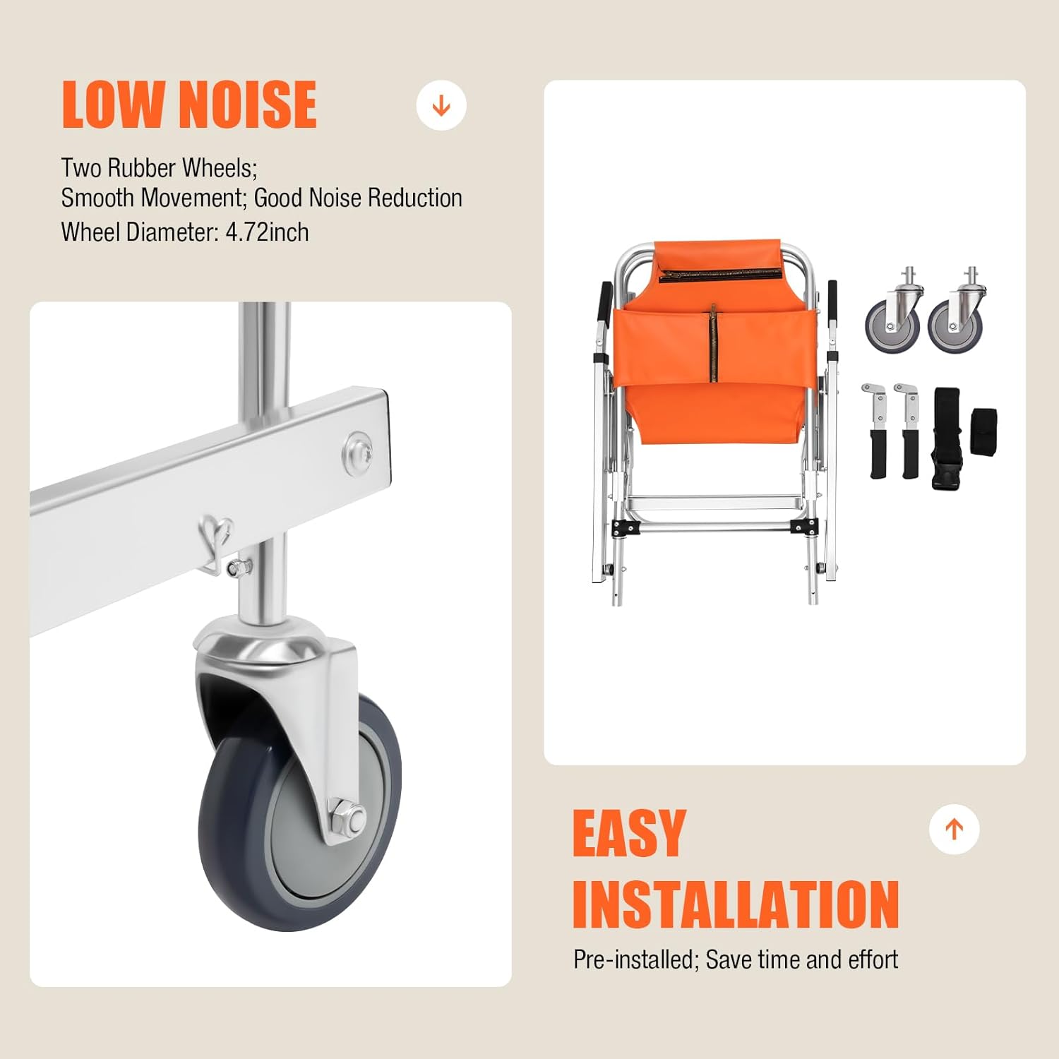 Stair Chair 2-Wheel Orange Foldable Transport Wheelchair for Hospitals M6639