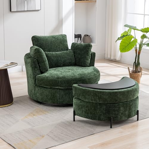 Oversized Swivel Barrel Chair with Ottoman, Chenille, Beige M813