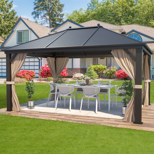 12x16 ft Hardtop Gazebo with Double Roof, Curtains and Netting T94173