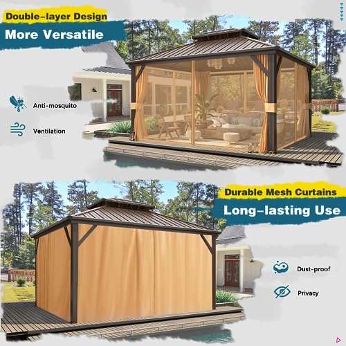 10x13 Hardtop Gazebo with Polycarbonate Double Roof, Aluminum Frame, Curtains and Netting S2701