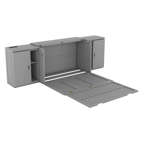 Murphy Bed Chest with Shelves and USB Ports, Foldable Wood Frame Y56482