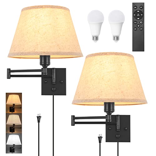 TRLIFE Wall Sconces Plug in, Remote Control Dimmable Wall Sconce and Adjustable Color Temperature 2700K-6500K, Swing Arm Wall Lights with Plug in Cord, 9.4" Medium White Fabric Shade(2 Pack, 2 Bulbs)