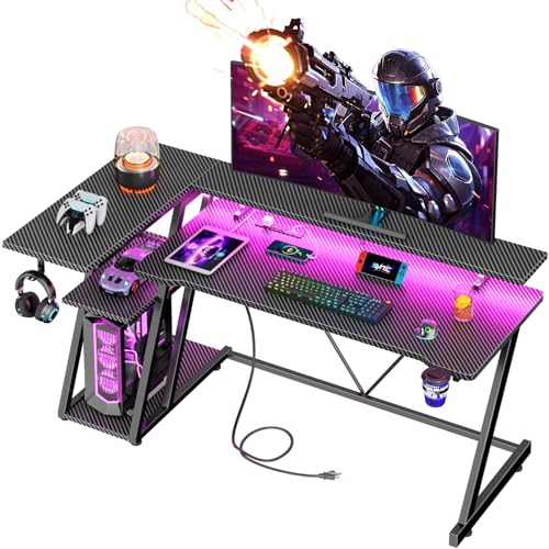 L Shaped Gaming Desk with Power Outlet and LED Lights Y52619