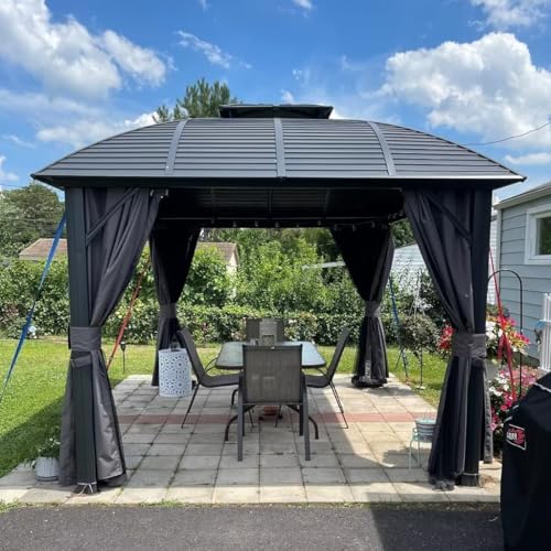 10 x 10 ft Hardtop Gazebo with Netting and Curtains, Galvanized Steel Roof for Patio K80436