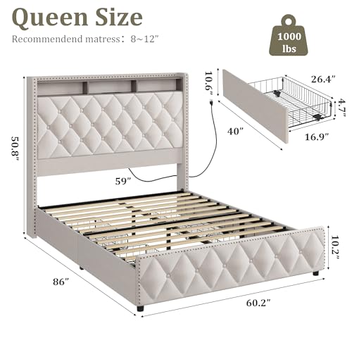 Queen Bed Frame with Tall Headboard, Velvet Upholstered, 4 Storage Drawers Y5950