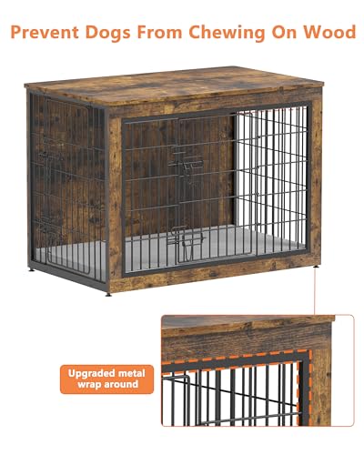 Dog Crate Furniture with Cushion, Heavy-Duty Metal Mesh, Wooden End Table with Double Doors, Indoor Kennel for Small Breed, Grey M3321