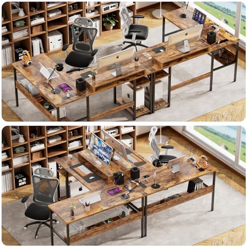 Reversible L Shaped Desk with Power Outlets and LED Light, Corner Computer Desk with Monitor Stand and Storage Shelves, Black A318171