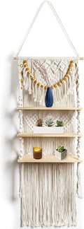 SOUJOY 3 Tier Macrame Wall Hanging Shelf, Wood Plant Rope Shelf, Handmade Boho Cotton Rope Storage Floating Rack for Indoor Home Wall Decor
