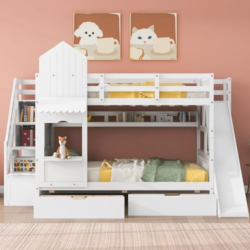 Twin Over Twin Bunk Bed with Stairs and Slide, Solid Wood Frame with Storage B8483