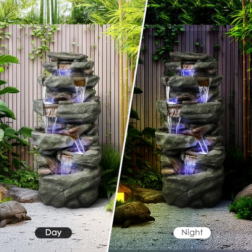 40" High 6-Tier Cascading Rock Outdoor Water Fountain with LED Lights D57471