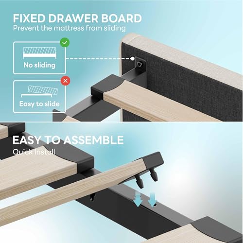 Twin Bed Frame with 2 Storage Drawers, Charging Station and LED Lights, Upholstered Platform Bed with Storage Headboard, No Box Spring Needed M8748