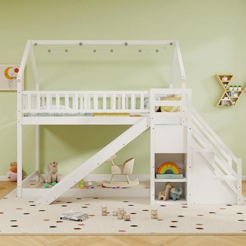 Twin Over Twin Bunk Bed with Slide & Stairs, Wood, White M692