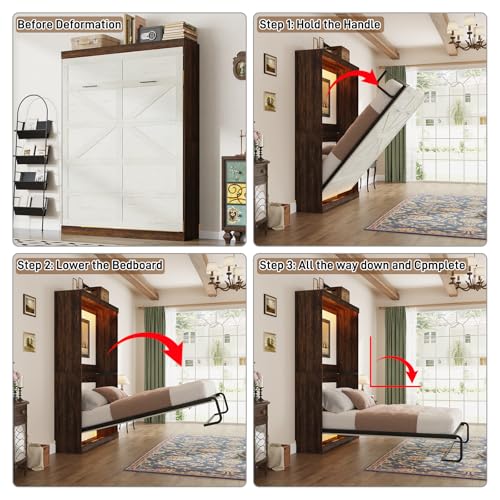 Queen Size Murphy Bed with LED Lights, Foldable Wall Bed Frame with Storage W669