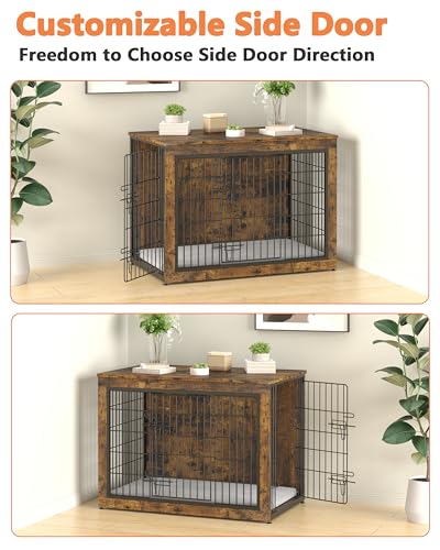Dog Crate Furniture with Cushion, Heavy-Duty Metal Mesh, Wooden End Table with Double Doors, Indoor Kennel for Small Breed, Grey M3321