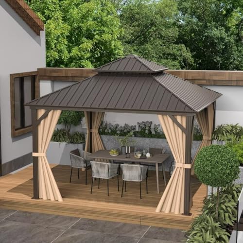 10 x 10 ft Hardtop Gazebo with Netting and Curtains, Galvanized Steel Roof for Patio K80436