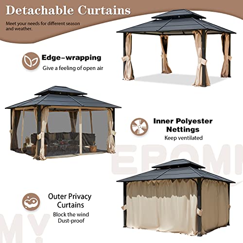 12x20 ft Hardtop Gazebo Double Roof Galvanized Steel Canopy Outdoor Aluminum Frame with Netting and Curtains X191579