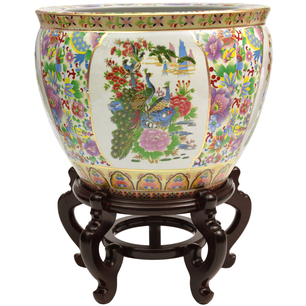Oriental Furniture 13.5" Everyday Satsuma Birds & Flowers Porcelain Fishbowl Porcelain Decorative Figurine