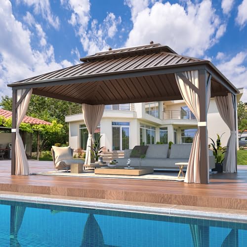 12x20 ft Hardtop Gazebo Double Roof Galvanized Steel Canopy Outdoor Aluminum Frame with Netting and Curtains X191579
